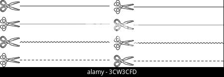 Jeu de ciseaux de coupe de ligne noire, ciseaux monochromes avec lignes de coupe. Coupez des lignes à travers les pages de papier, des signes vectoriels dans différents styles Illustration de Vecteur