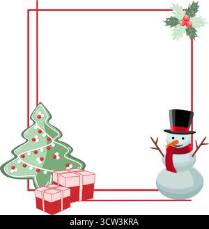 Cadre de vacances avec arbre de Noël, bonhomme de neige, cadeaux et illustrations vectorielles de décorations Illustration de Vecteur