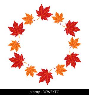 Cadre circulaire orange et rouge en forme de feuille d'érable simple. Style plat tendance isolé sur fond transparent. cadre rond de feuilles d'automne. anneau de feuilles d'automne. Idéal pour poster, carte postale. Illustration vectorielle Illustration de Vecteur