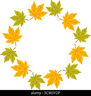 Cadre circulaire simple jaune et vert en forme de feuille d'érable. Style plat tendance isolé sur fond transparent. cadre rond de feuilles d'automne. anneau de feuilles d'automne. Idéal pour poster, carte postale. Illustration vectorielle Illustration de Vecteur