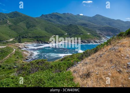 Les vagues bleu vif de l'océan s'écrasent contre les rivages rocheux sous un ciel dégagé. Île de Corse France. Banque D'Images