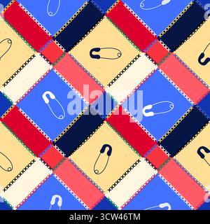 Dessin animé couture sans couture boutons et ciseaux et motif de broches pour l'emballage du papier et des tissus et des draps et des accessoires d'hobbies et des vêtements pour enfants imprimé Banque D'Images