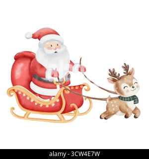 Illustration aquarelle de Santa Claus chevauchant un traîneau rouge avec sac cadeau, tiré par des rennes mignons en écharpe verte. Fond blanc, adorable style de Noël enfantin Banque D'Images