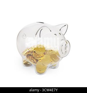 Tirelire en verre avec des pièces en euros à l'intérieur isolé sur fond blanc. illustration 3d. Banque D'Images