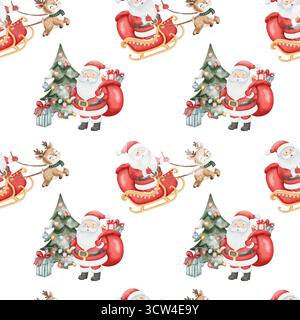 Motif de Noël sans couture avec le Père Noël, renne, traîneau, arbre de Noël décoré et cadeaux. Illustration festive d'aquarelle sur fond blanc pour l'emballage et la conception de vacances. Banque D'Images