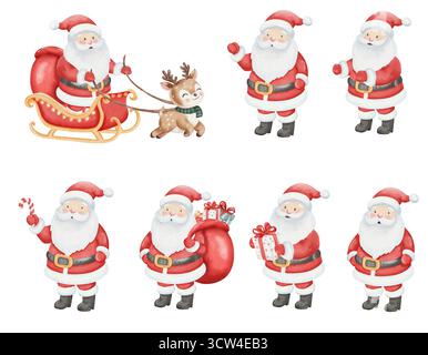 Ensemble mettant en vedette le Père Noël dans diverses poses, avec traîneau, sac de cadeaux et rennes. Aquarelle Noël et illustration du nouvel an. Fond blanc Banque D'Images