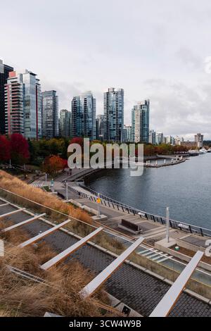 La scène présente de grands bâtiments modernes à côté d'un front de mer calme. Les couleurs d'automne ornent les arbres à proximité, reflétant un environnement urbain tranquille sur un clou Banque D'Images