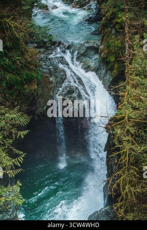 Une superbe cascade coule le long de falaises rocheuses entourées d'arbres verdoyants. La lumière du soleil filtre à travers le feuillage, soulignant les couleurs vibrantes de Banque D'Images