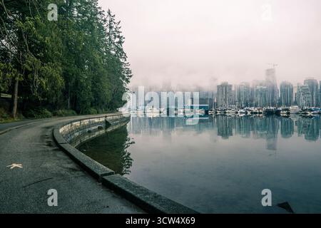 Une vue paisible sur l'eau reflétant les grands bâtiments de Vancouver. Le sentier bordé d'arbres invite les marcheurs matinaux au milieu de l'atmosphère brumeuse Banque D'Images