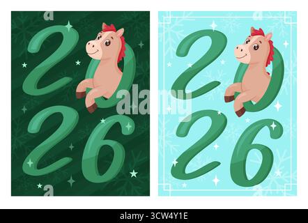 Deux cartes de noël avec les numéros 2026 et cheval mignon. Parfait pour les célébrations du nouvel an 2026. Illustration de Vecteur