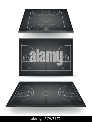 Ensemble terrain de basket-ball. Terrain de basket-ball intérieur noir, vue de dessus, isométrique et perspective. Fond de terrain de basket-ball pour la conception sportive, tactiques Illustration de Vecteur