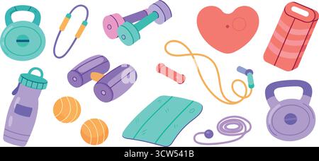 Une collection vibrante d'équipements de fitness avec des poids et des cordes à sauter inspirant un style de vie actif et sain sur un fond blanc propre. Illustration de Vecteur