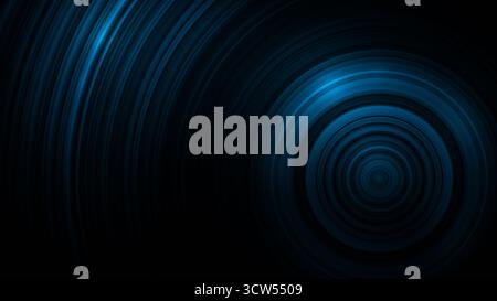Motif de cercles radiaux concentriques bleu foncé sur fond noir. Abstrait haute résolution plein cadre sombre et moderne avec espace de copie. Banque D'Images