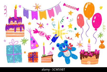 Éléments de style crayon de fête d'anniversaire avec décorations festives dessinées à la main. Ensemble coloré de célébration de gâteaux et de ballons, cadeaux emballés et jouet ours en peluche, drapeaux de guirlande et banderoles de confettis. Illustration de Vecteur