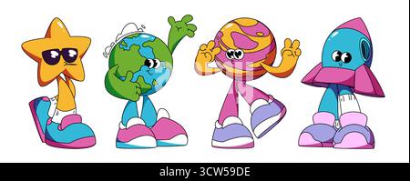 Ensemble de caractères Groovy rétro Planet avec étoile cool, globe terrestre et fusée colorée dans des baskets sur fond blanc. Mascottes funky de dessins animés de corps célestes et vaisseau spatial pour la conception astronomique Illustration de Vecteur