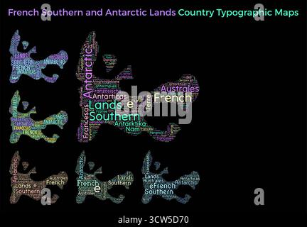 TAAF. Ensemble d'illustrations de pays de style typographique. Forme de carte TAAF construite avec des noms de pays horizontaux et verticaux. Illustration vectorielle. Illustration de Vecteur