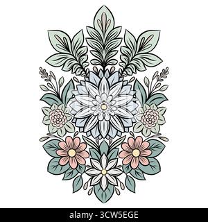 Illustration florale vectorielle avec des fleurs décoratives de contour et des feuilles dans des couleurs pastel. Élégant contour floral clip art pour autocollant. Dessin au trait détaillé Illustration de Vecteur