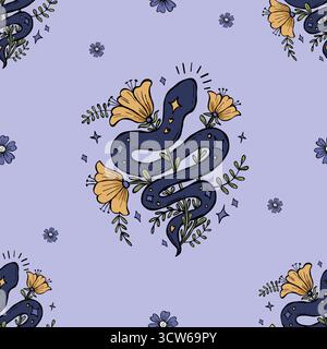 Modèle sans couture avec serpent mystique avec des fleurs sur fond violet. Magique sombre Kundalini texturé dessin à la main Doodle pour la magie, ésotérique, m Illustration de Vecteur