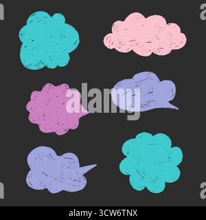 Cadres de texte ludiques pour dialogue vocal en crayon. Bulles dessinées à la main dans une boîte de tableau noir. Autocollants de chat abstrait et nuages de crayons. Illustration vectorielle Illustration de Vecteur