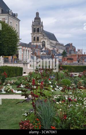 Cathédrale de Blois vue depuis le jardin des fleurs - vue verticale panoramique de la cathédrale historique de Louis et du paysage urbain de Blois, encadrée par un avant-plan luxuriant Banque D'Images