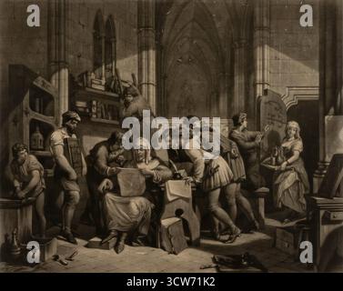 Illustration historique de William Caxton examinant la première épreuve de son imprimerie à l'abbaye de Westminster, 1474. Banque D'Images