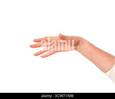 Main humaine étendue vers l'avant avec la paume ouverte vers le bas, comme si elle lâchait quelque chose, isolée sur fond blanc Banque D'Images