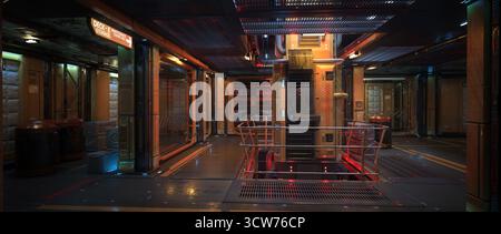Rendu 3D cinématographique large d'une future station spatiale fantastique ou de l'intérieur d'un vaisseau spatial. Banque D'Images