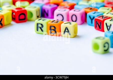 Texte RBA sur cube multicolore représentant l'approche basée sur les droits. Concept de conservation Banque D'Images