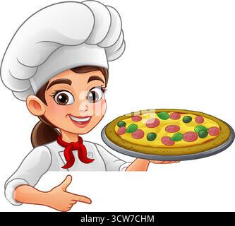 Femme Chef femme présentant Pizza avec sourire Illustration de Vecteur