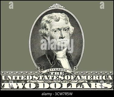 Portrait de Thomas Jefferson, 1743 - 1826, troisième président des États-Unis et auteur principal de la Déclaration d'indépendance, optimisé numériquement sur la base d'un billet de 2 $ US Banque D'Images