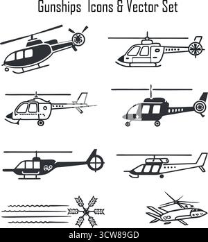 Ensemble d'icônes Gunship - hélicoptère militaire, avion d'attaque, avion de guerre, symboles de combat de l'aviation Illustration de Vecteur