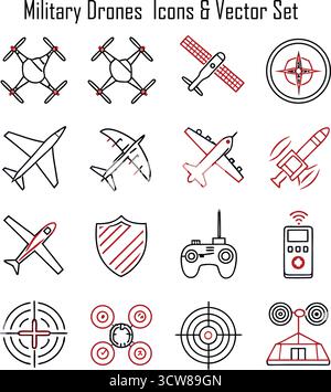 Jeu d'icônes de drones militaires — UAV, avions de surveillance, frappes aériennes, symboles de technologie de guerre Illustration de Vecteur