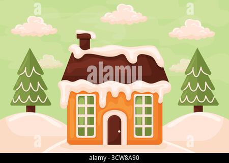 Maison en pain d'épice d'hiver avec neige et illustration plate de pins. Illustration de Vecteur