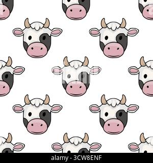 Un charmant motif vectoriel sans couture avec d'adorables visages de vache de dessin animé avec des taches noires et blanches, des nez roses et des expressions douces, mis contre Illustration de Vecteur