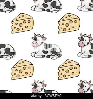 Un charmant motif vectoriel sans couture avec d'adorables vaches de dessins animés et des tranches de fromage suisse, parfait pour les dessins sur le thème des produits laitiers. Illustration de Vecteur