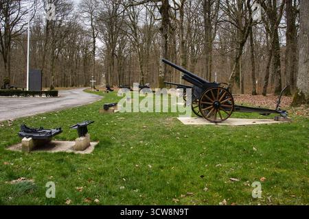 Belleau Wood, France - 20 février 2022 : canon exposé dans Belleau Wood par une journée nuageuse d'hiver en France. Banque D'Images