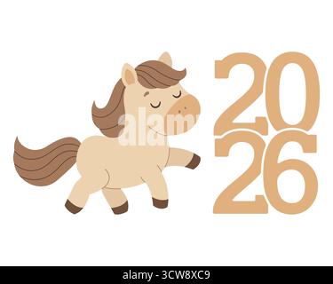 Symbole du nouvel an design cheval et numéros 2026. Bonne année. Illustration vectorielle dans un style plat. Illustration de Vecteur