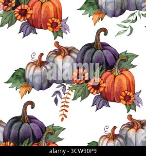 Motif sans couture de citrouilles d'automne. Tournesols, fleurs, feuilles. Parfait pour l'automne, Thanksgiving, vacances, tissu, textile. Nuance répétée sans couture. Banque D'Images