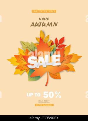 Conception de la mise en page de la vente d'automne avec des réductions. Le concept de la bannière 'Hello Autumn'. Illustration de Vecteur