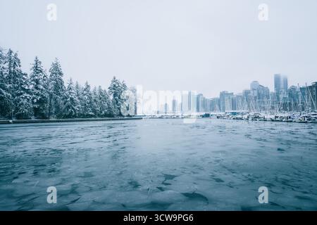Une scène enneigée montre une ligne d'horizon de la ville derrière un port gelé. Les arbres sont couverts de neige, créant un paysage hivernal paisible dans le cadre urbain. Banque D'Images