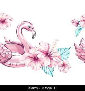 Papier peint de fond de motif sans couture de vacances tropicales avec flamants roses vibrants, fleurs d'hibiscus enchanteresses et feuillage luxuriant pour l'été Illustration de Vecteur