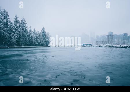 La neige recouvre les arbres et les bâtiments le long du front de mer à Vancouver. Les bateaux sont amarrés dans le port, entourés d'eaux glacées et d'un ciel gris et brumeux. Banque D'Images
