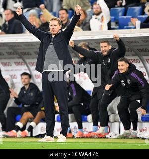 Sinsheim, Allemagne. 10 octobre 2025. Julian Nagelsmann, entraîneur-chef de l'Allemagne, célèbre lors du match de football des qualifications européennes de la Coupe du monde 2026 entre l'Allemagne et le Luxembourg à Sinsheim, Allemagne, Oct. 10, 2025. Crédit : Ulrich Hufnagel/Xinhua/Alamy Live News Banque D'Images