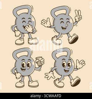 Personnages rétro de kettlebell de dessin animé avec diverses expressions et poses Illustration de Vecteur