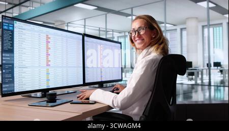 Médecin faisant des codes de facturation médicale tableur et comptabilité sur plusieurs ordinateurs Banque D'Images