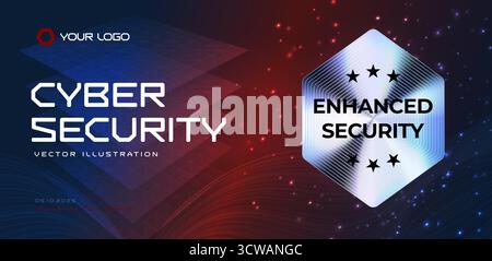 Fond de cybersécurité avec badge hexagonal brillant, étoiles et grille technologique rouge-bleu. Pour les rapports SOC, la conformité INFORMATIQUE, les en-têtes de site Web, les bannières d'événements Illustration de Vecteur