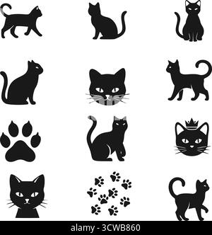 Collection de silhouettes de chat noir et icônes d'impression de patte. Diverses poses félines, images vectorielles de visage de chat et marques de pied. Illustration de Vecteur