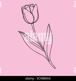 Dessin minimaliste de fleur de tulipe de contour noir sur fond rose graphique. Illustration botanique élégante simple, art végétal unique, décoratif f Illustration de Vecteur