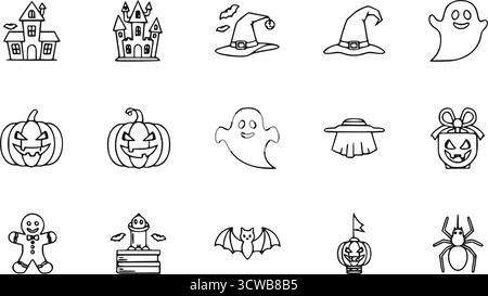 Collection d'icônes vectorielles de contour : maisons hantées, chapeaux de sorcière, fantômes amicaux, jack-o'-lanternes sculptées, bonbon homme en pain d'épice, araignée effrayante Illustration de Vecteur