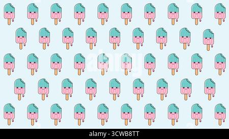 Le motif sans couture représente de nombreuses mignonnes popsicles kawaii mordues, chacune présentant un visage souriant et une fente de couleur rose et sarcelle. Les popsicles sont mordues Illustration de Vecteur